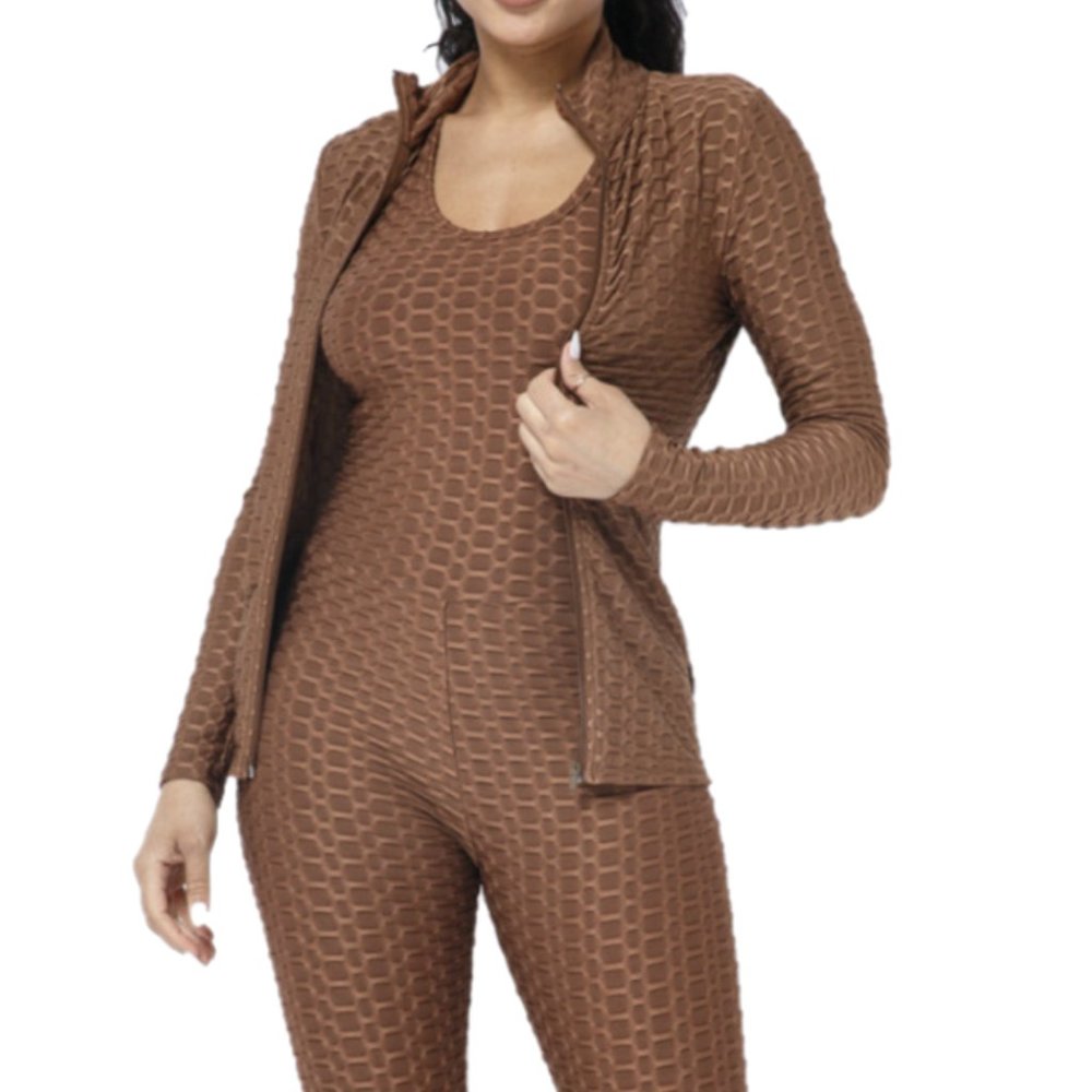 Brown Honeycomb Poly Jacquard Sleeveless Cross Back Jumpsuit